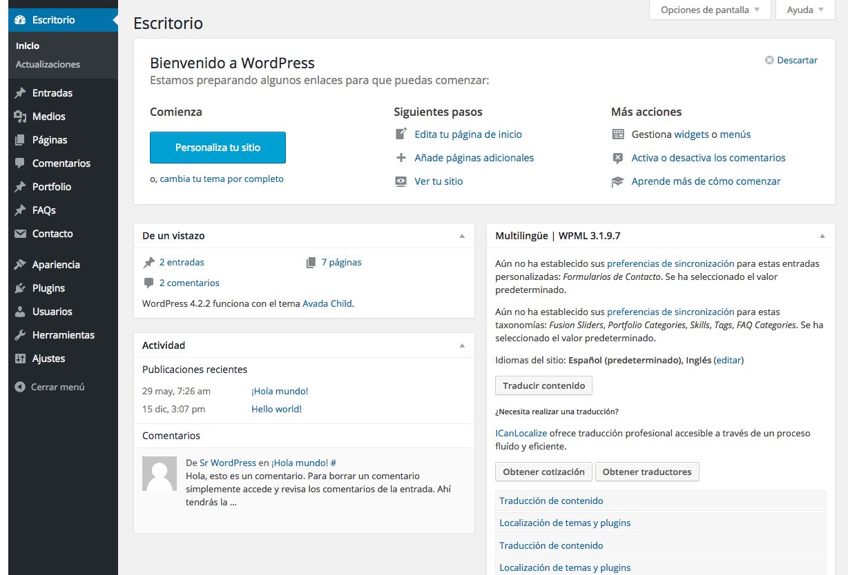 Imagen del escritorio o backend de Wordpress