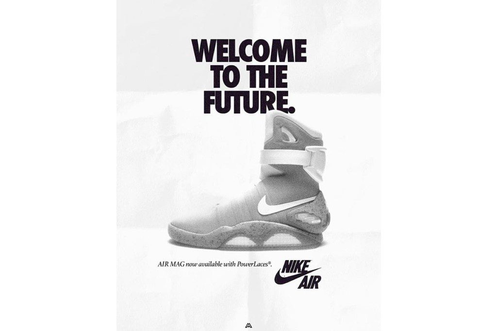 Botas Nike futuristas AIR MAG de Edición Limitada lanzadas en la campaña publicitaria de 2011 de Nike y con promoción de las películas "Regreso al Futuro"