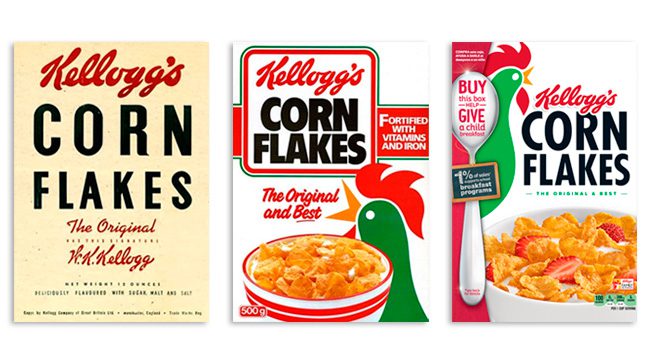 Evolución del diseño de packaging de Corn Flakes de Kelloggs.